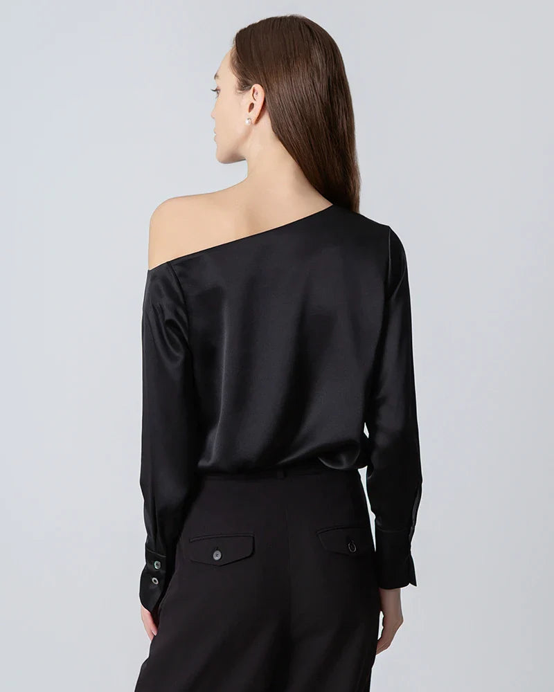 One Shoulder Long Sleeve Silk Blouse Black