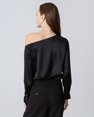 One Shoulder Long Sleeve Silk Blouse Black