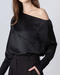 One Shoulder Long Sleeve Silk Blouse Black