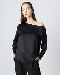 One Shoulder Long Sleeve Silk Blouse Black