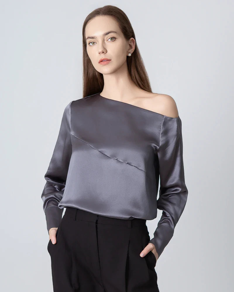 One Shoulder Long Sleeve Silk Blouse Dark Grey