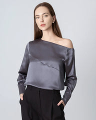 One Shoulder Long Sleeve Silk Blouse Dark Grey