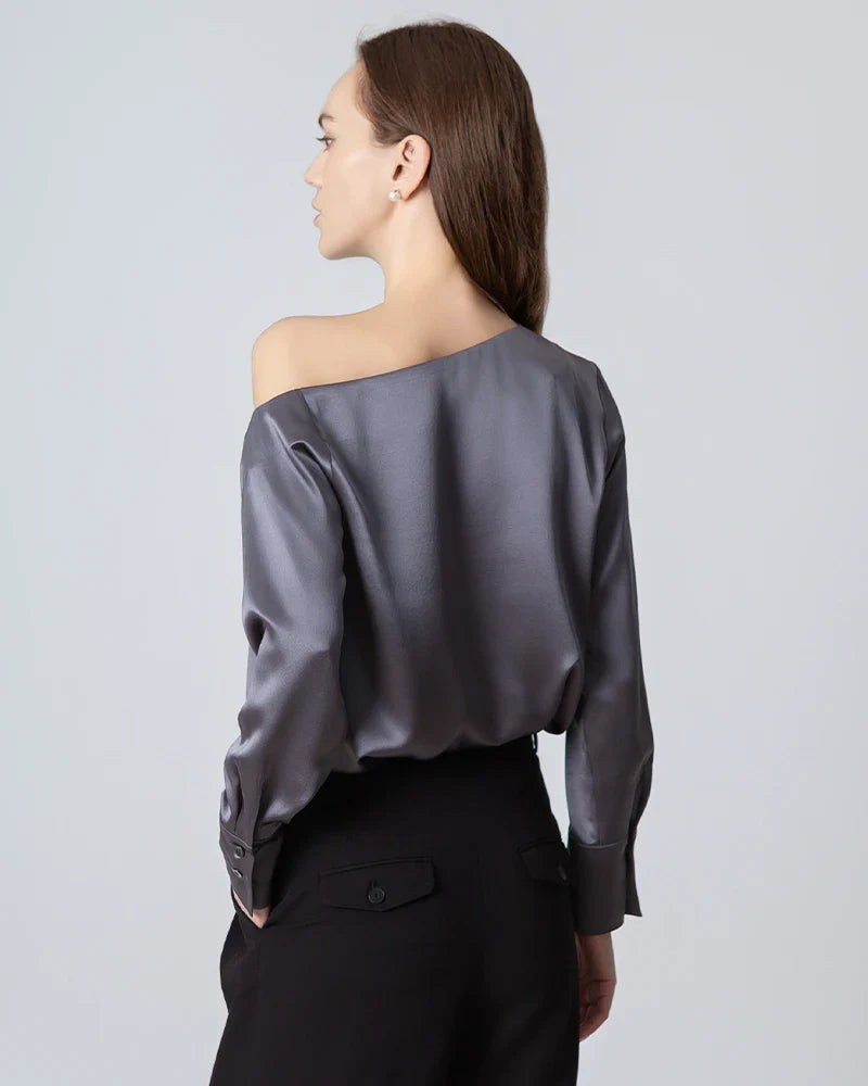 One Shoulder Long Sleeve Silk Blouse Dark Grey