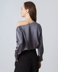 One Shoulder Long Sleeve Silk Blouse Dark Grey