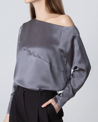 One Shoulder Long Sleeve Silk Blouse Dark Grey