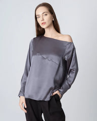 One Shoulder Long Sleeve Silk Blouse Dark Grey