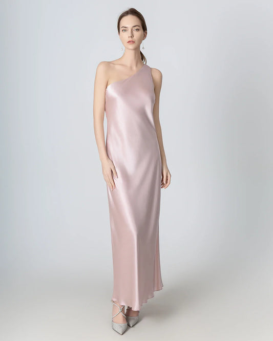 One Shoulder Maxi Silk Dress Rose Pink