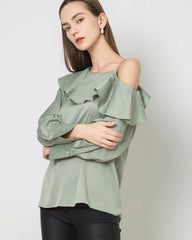 One Shoulder Ruffle Long Sleeves Silk Shirt
