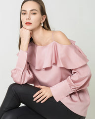 One Shoulder Ruffle Long Sleeves Silk Shirt
