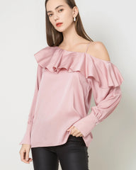 One Shoulder Ruffle Long Sleeves Silk Shirt