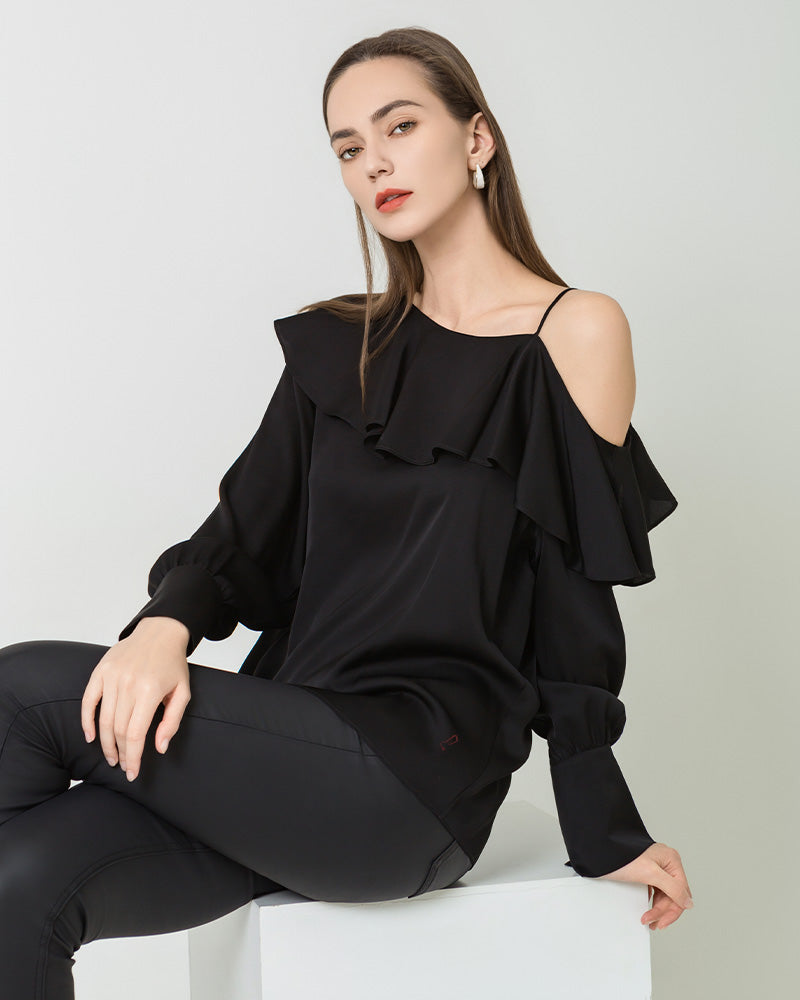 One Shoulder Ruffle Long Sleeves Silk Shirt Black