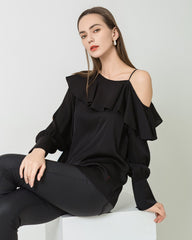 One Shoulder Ruffle Long Sleeves Silk Shirt Black