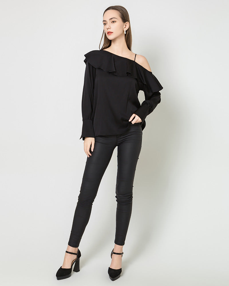 One Shoulder Ruffle Long Sleeves Silk Shirt Black