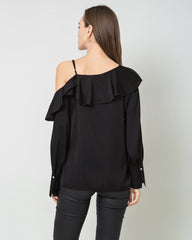 One Shoulder Ruffle Long Sleeves Silk Shirt Black
