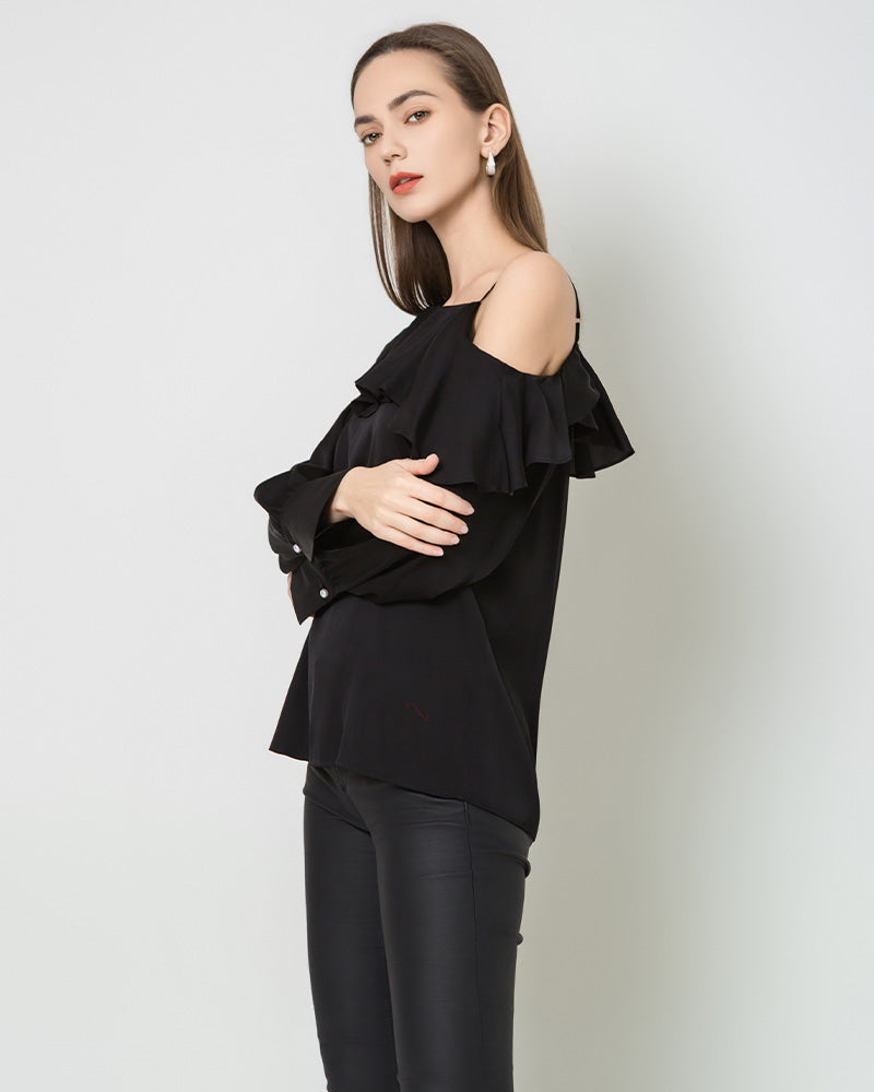 One Shoulder Ruffle Long Sleeves Silk Shirt Black