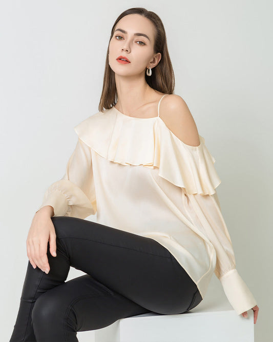 One Shoulder Ruffle Long Sleeves Silk Shirt Cream