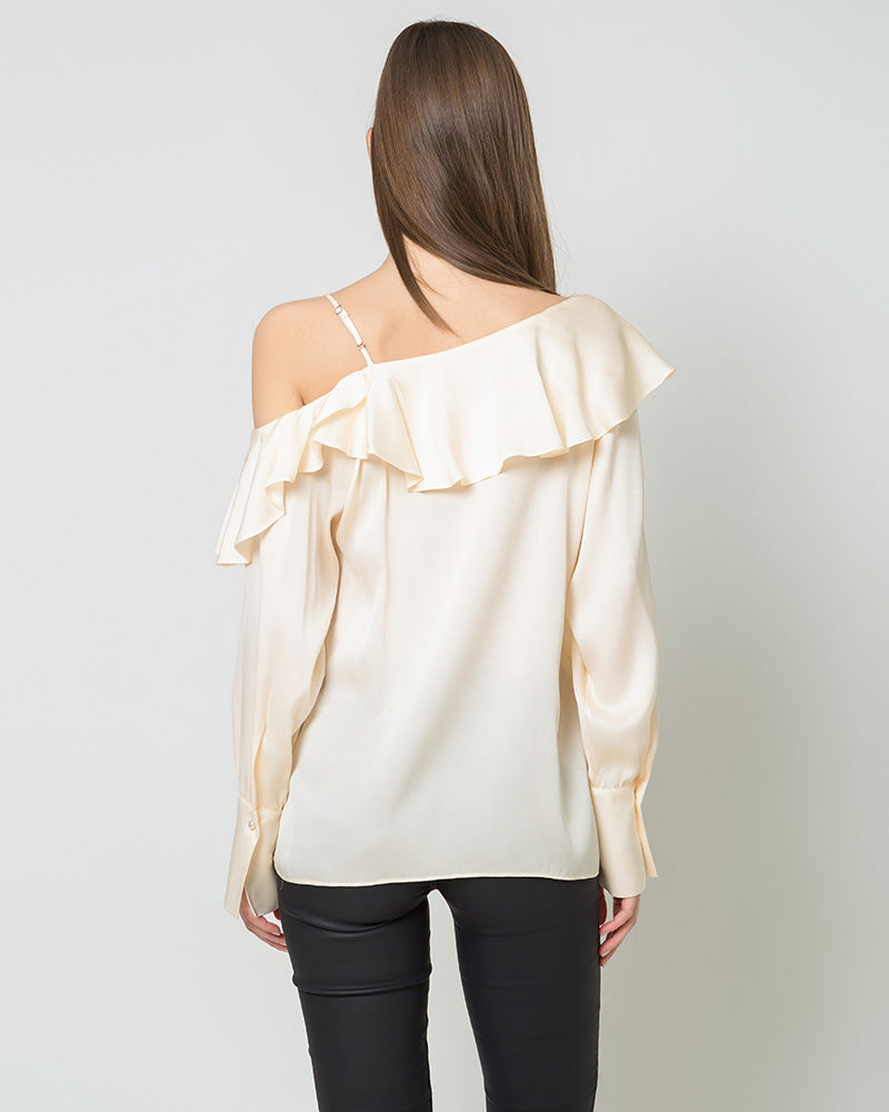 One Shoulder Ruffle Long Sleeves Silk Shirt Cream