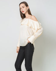 One Shoulder Ruffle Long Sleeves Silk Shirt Cream