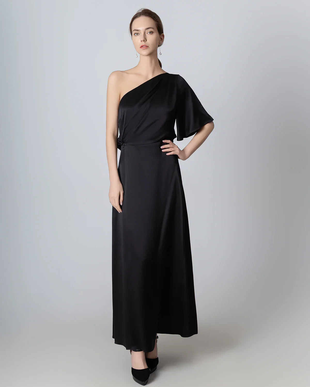 One Shoulder Tie Back Maxi Silk Dress Black