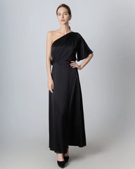 One Shoulder Tie Back Maxi Silk Dress Black