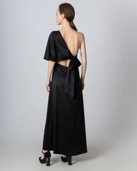 One Shoulder Tie Back Maxi Silk Dress Black