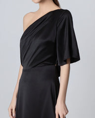 One Shoulder Tie Back Maxi Silk Dress Black