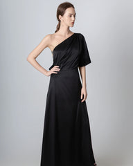 One Shoulder Tie Back Maxi Silk Dress Black