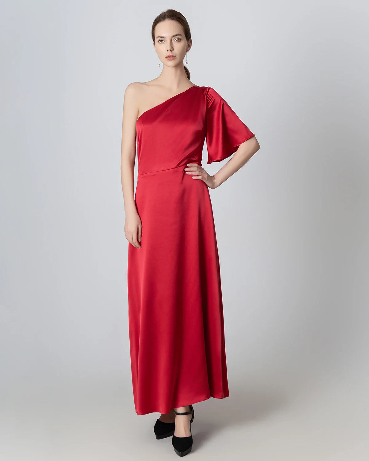 One Shoulder Tie Back Maxi Silk Dress Burgundy