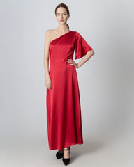 One Shoulder Tie Back Maxi Silk Dress Burgundy