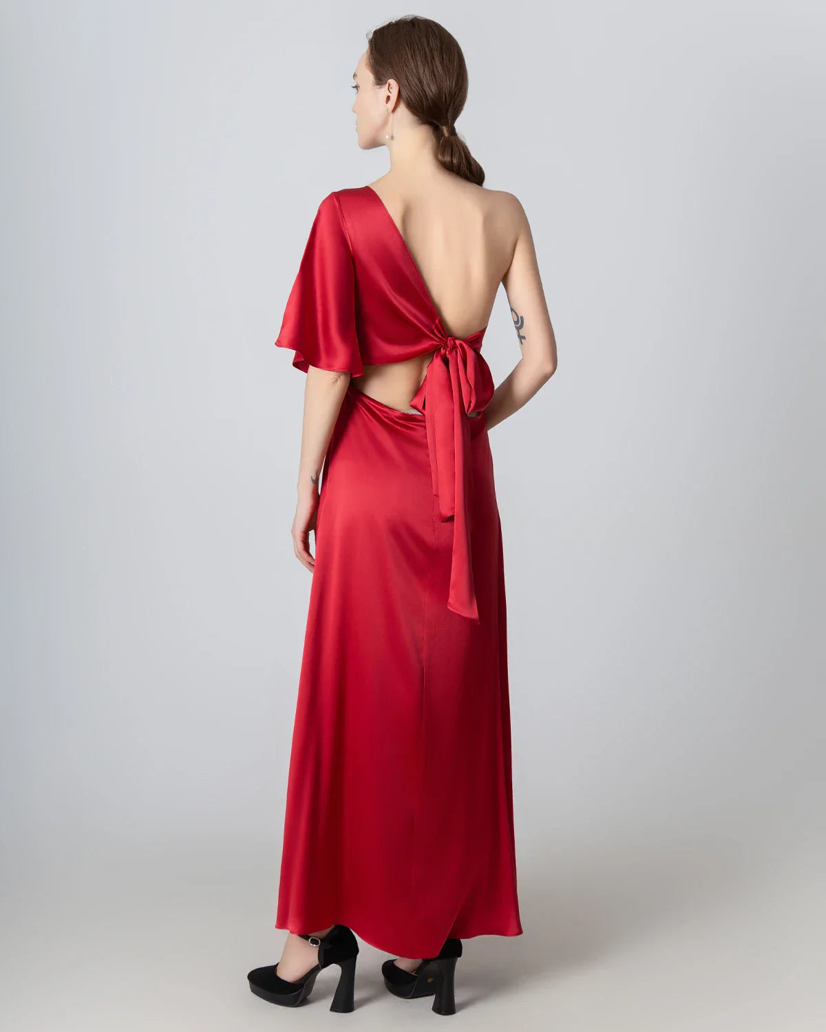 One Shoulder Tie Back Maxi Silk Dress Burgundy