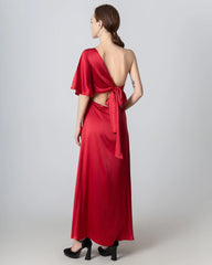 One Shoulder Tie Back Maxi Silk Dress Burgundy