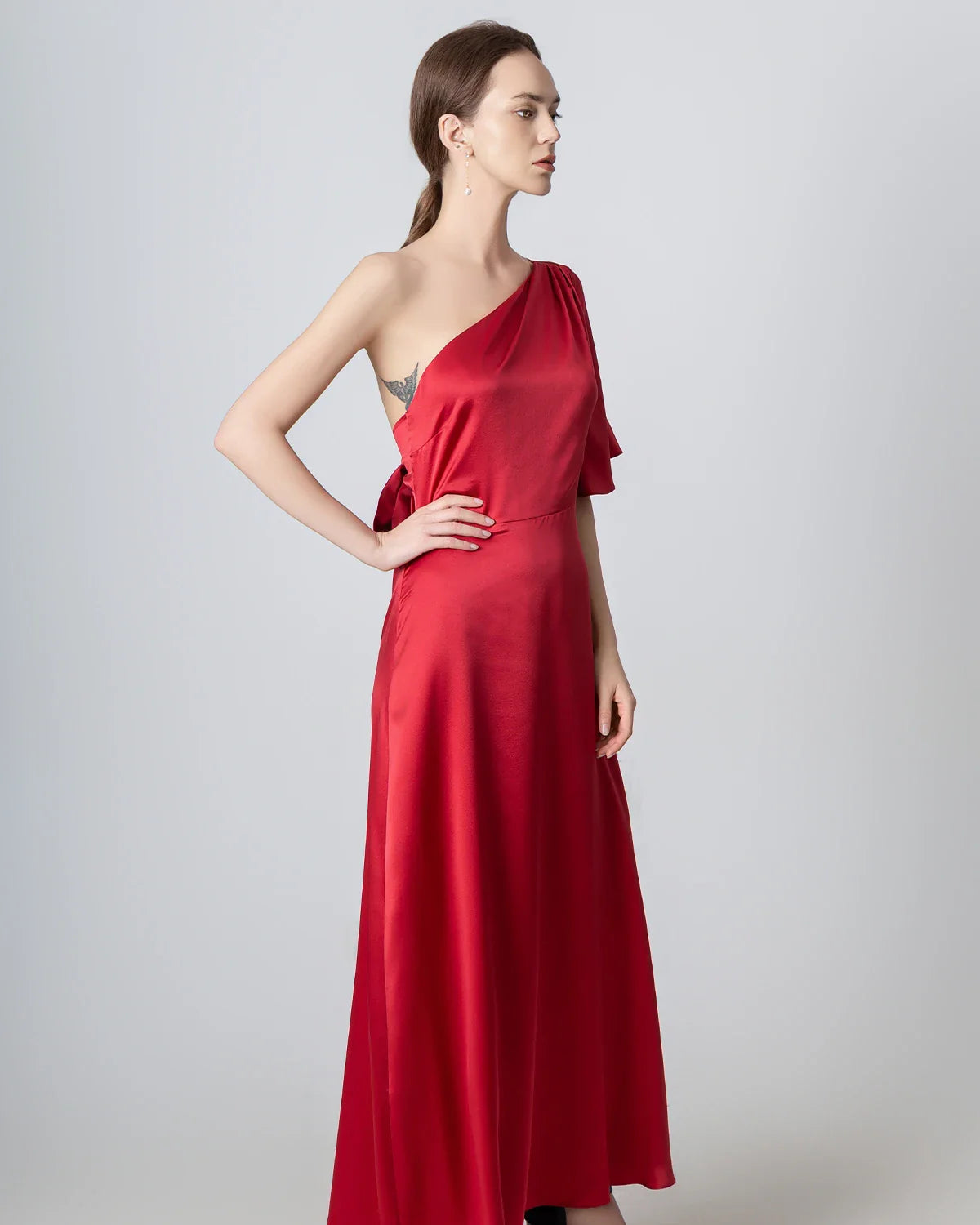 One Shoulder Tie Back Maxi Silk Dress Burgundy