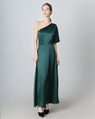One Shoulder Tie Back Maxi Silk Dress Emerald