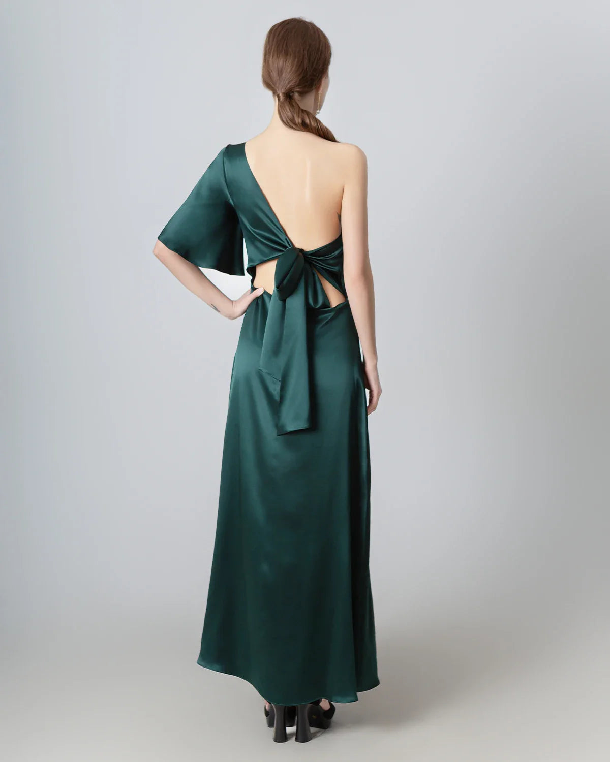 One Shoulder Tie Back Maxi Silk Dress Emerald
