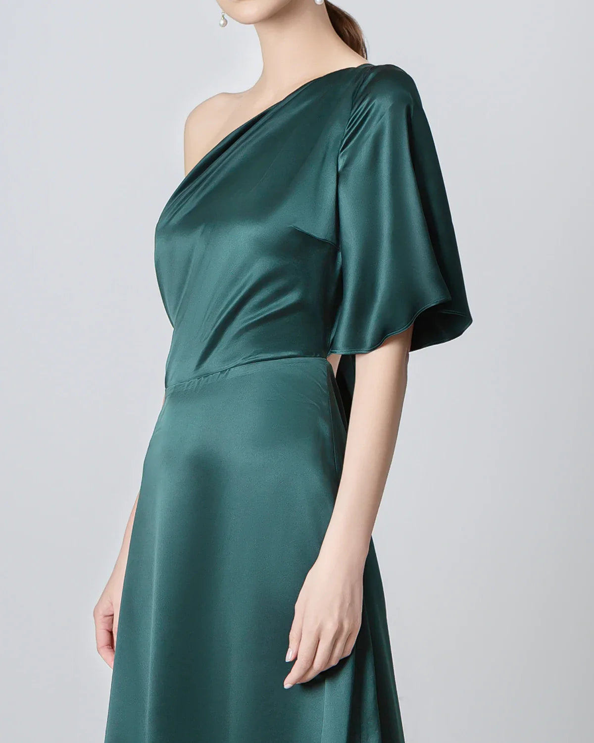 One Shoulder Tie Back Maxi Silk Dress Emerald