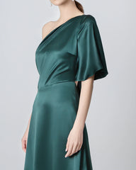 One Shoulder Tie Back Maxi Silk Dress Emerald