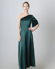 One Shoulder Tie Back Maxi Silk Dress Emerald