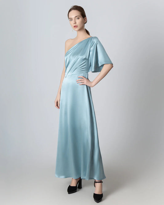 One Shoulder Tie Back Maxi Silk Dress Haze Blue