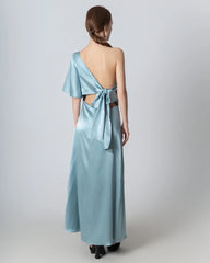 One Shoulder Tie Back Maxi Silk Dress Haze Blue