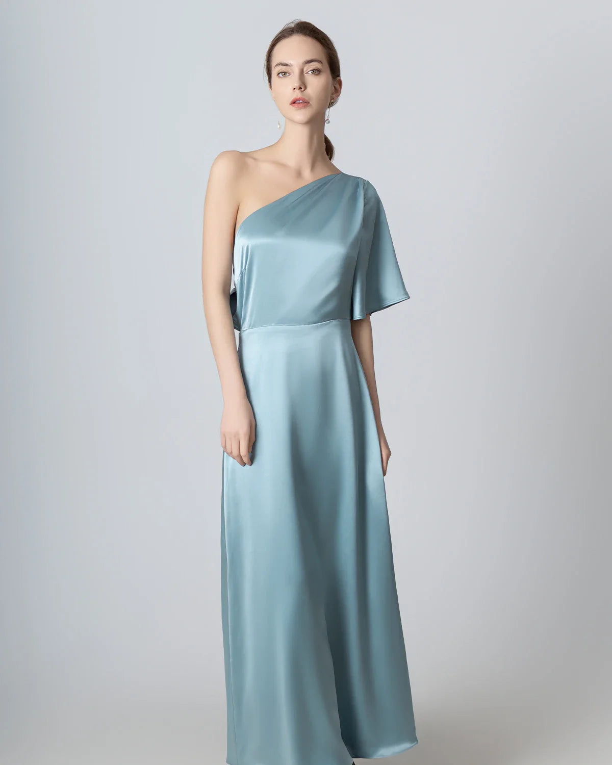 One Shoulder Tie Back Maxi Silk Dress Haze Blue