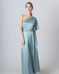 One Shoulder Tie Back Maxi Silk Dress Haze Blue