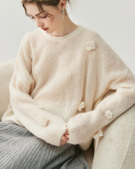 Oversize Flower Knit Silk Cashmere Sweater