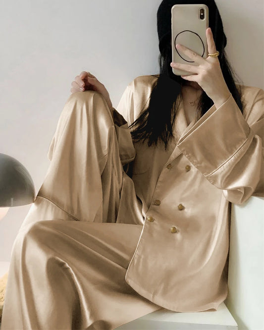 Oversized Double Breasted Silk Pajamas Champagne