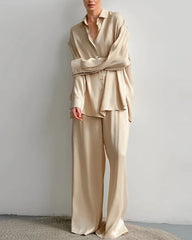 Oversized Full Length Silk Pajamas Set Champagne
