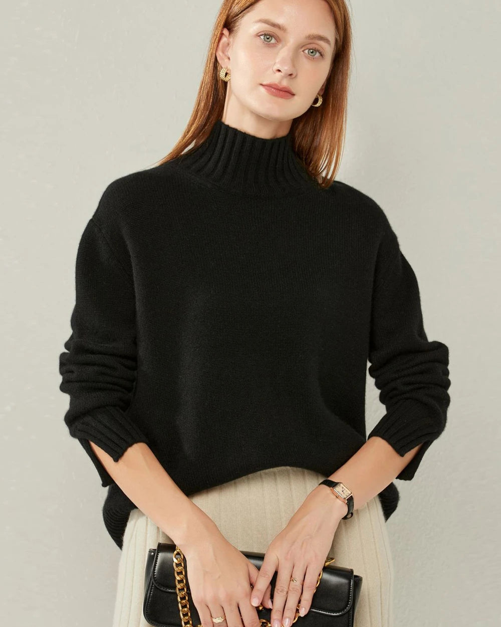 Oversized Mock-Neck Cashmere Sweater Black