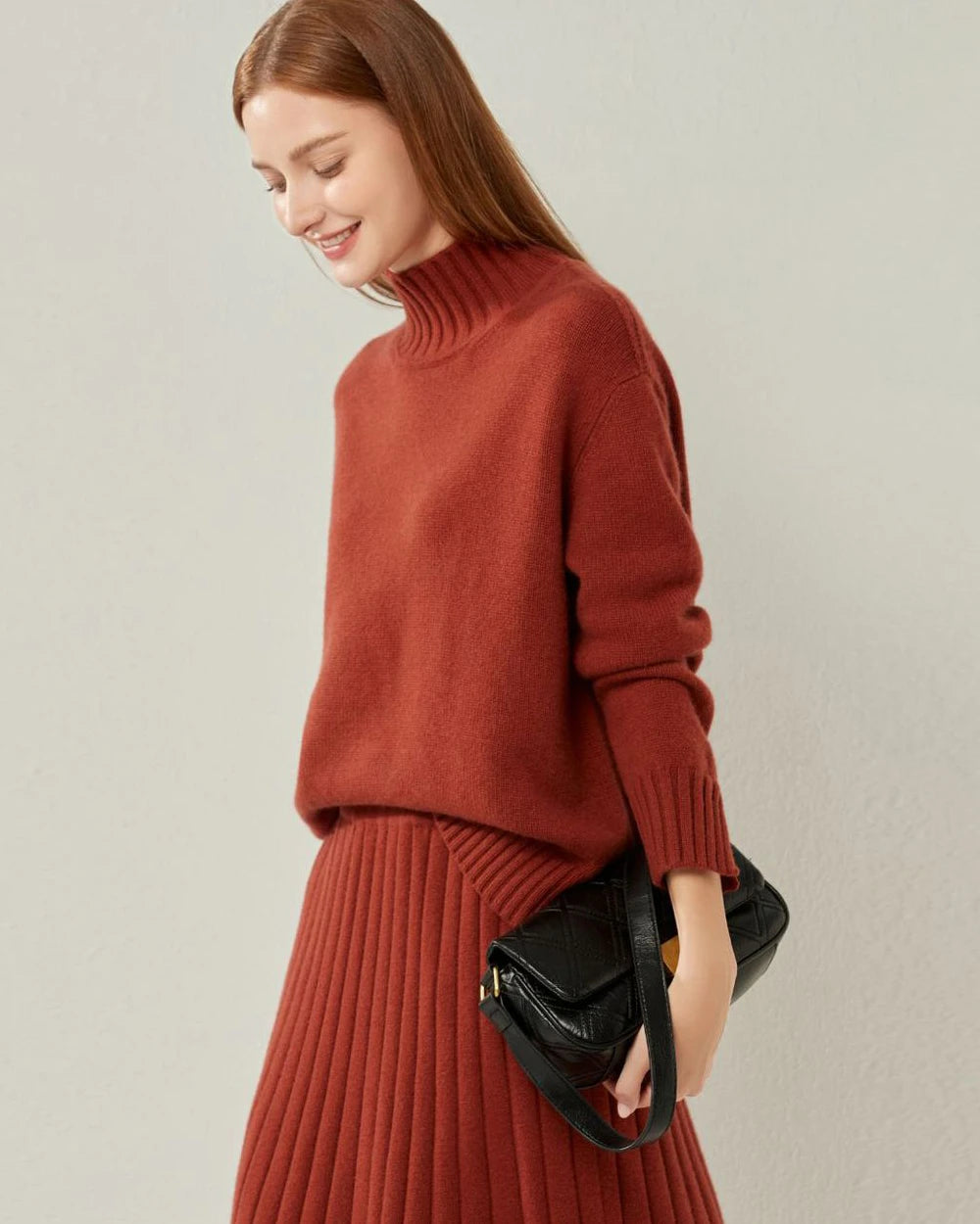 Oversized Mock-Neck Cashmere Sweater Dark Red