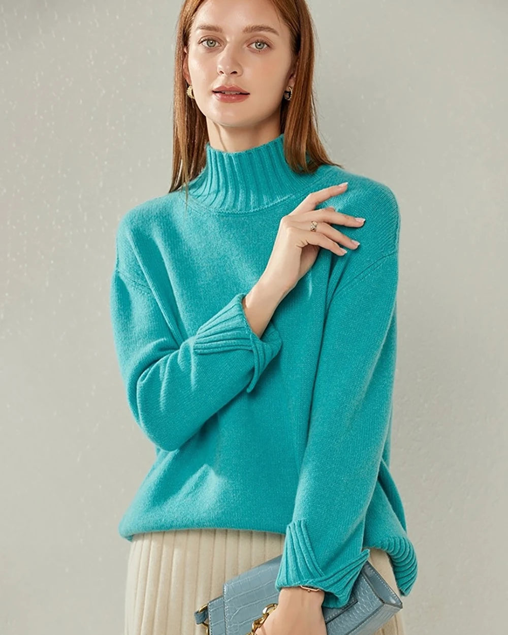 Oversized Mock-Neck Cashmere Sweater Blue