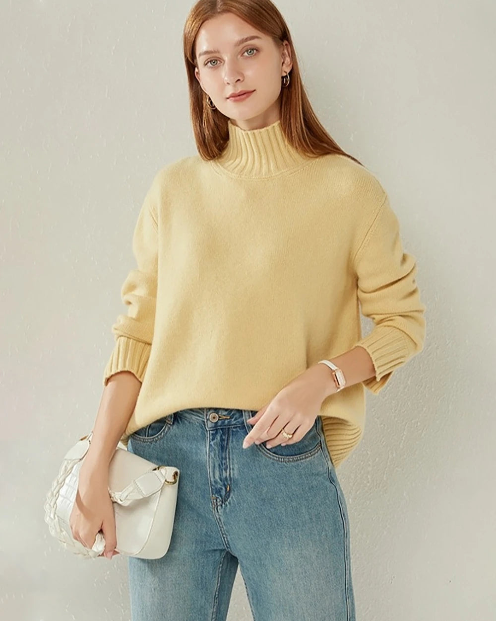 Oversized Mock-Neck Cashmere Sweater Yellow