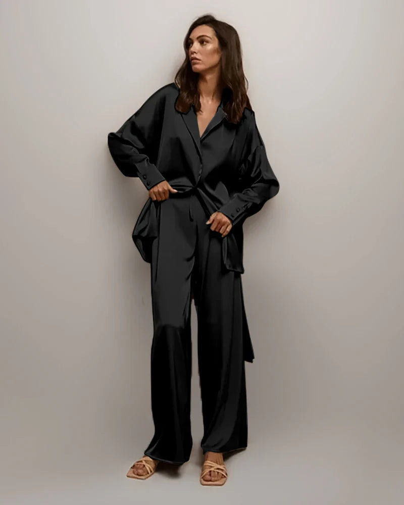 Oversized Silk Pajamas Set with Belt Black