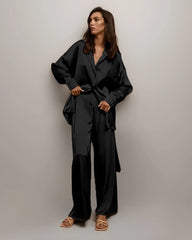 Oversized Silk Pajamas Set with Belt Black